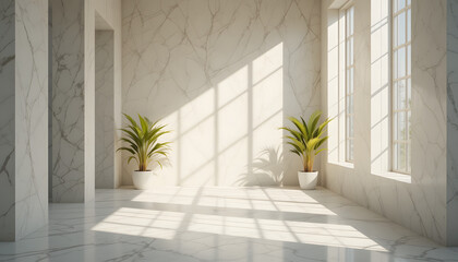 Fototapeta premium Bright Minimalist Room With Marble Walls and Potted Plants