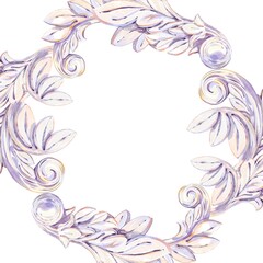 Decorative Circle Frame Antique Sculpture Elements, Wreath Ornament Of Scrolls And Leaves, Pastel Tones, Light Purple, Beige, Pink, Graceful Shapes, Elegant Watercolor Illustration On White Background