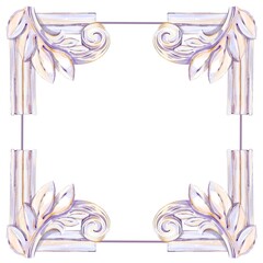 Decorative Square Frame Of Antique Sculpture Elements, Ornament Of Scrolls And Leaves, Pastel Tones, Light Purple, Beige, Pink, Graceful Shapes, Elegant Watercolor Illustration On White Background