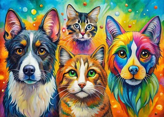 Whimsical Hand-Painted Pet Portraits: Freeform Composition of Adorable Dog and Cat Breeds