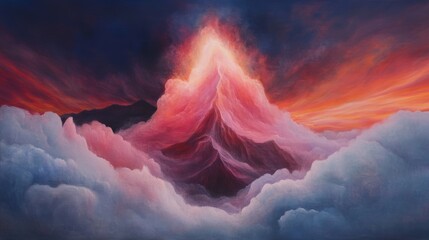 A breathtaking painting of a mystical mountain peak bathed in the warm hues of a vibrant sunset, surrounded by fluffy clouds.
