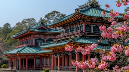 Fototapeta premium Japanese temple cherry blossoms spring
