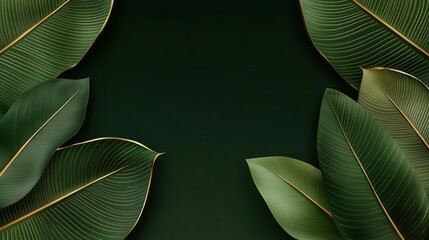 Obraz premium Green tropical leaves frame a dark green background, perfect for nature-themed designs.