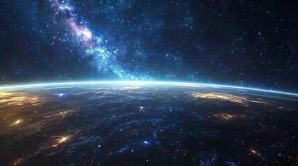 Cosmic horizon with the Milky Way stretching across, brilliant stars, ethereal nebula hues, vast deep space, breathtaking galaxy landscape, ultraHD