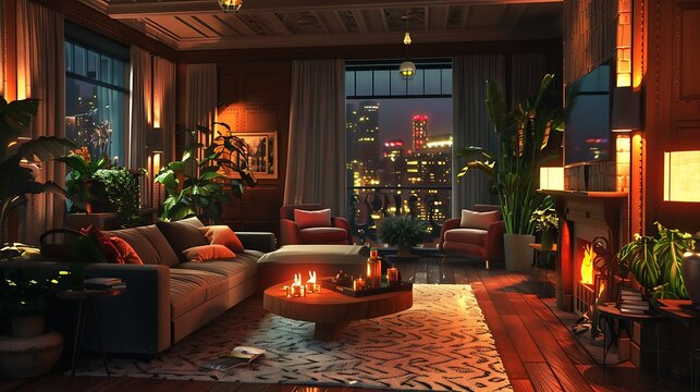 Elegant and contemporary living space with comfortable seating, stylish decor, and warm lighting