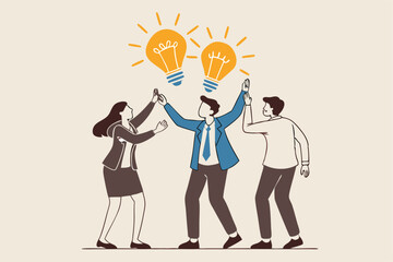 Sharing business ideas, collaboration meeting, sharing knowledge, teamwork or people thinking the same idea concept, smart thinking businessmen people office workers team up share lightbulb lamp idea.