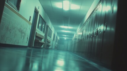 An eerie, dimly lit hallway in a school environment, featuring lockers and a reflective floor, evoking feelings of nostalgia and loneliness.