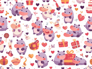 Cute Baby Hippo Seamless Pattern with Gifts and Floral Elements