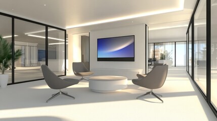 Fototapeta premium Modern Office Lobby With Comfortable Seating And Large Screen