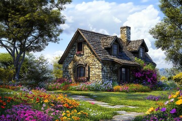 Obraz premium Rustic stone cottage on a peaceful island, surrounded by colorful wildflowers and rolling meadows, tranquil atmosphere, highquality scenic wallpaper