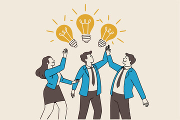 Sharing business ideas, collaboration meeting, sharing knowledge, teamwork or people thinking the same idea concept, smart thinking businessmen people office workers team up share lightbulb lamp idea.