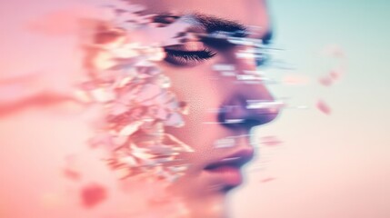 Fototapeta premium Close-up profile of a young woman's face, partially obscured by a dreamy, fragmented effect in soft pink and purple hues.