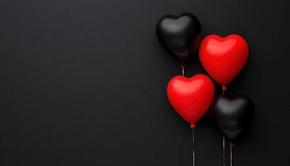 Colorful heart-shaped balloons in red and black against a dark background.