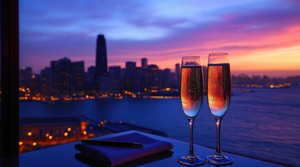 Romantic sunset city view with champagne flutes