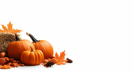 Vibrant collection of pumpkins with autumn leaves and pine cones, perfect for fall decoration and seasonal themes.