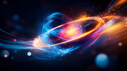 Vibrant cosmic energy swirl with colorful lights and sparks radiating from a central point in a dark background.