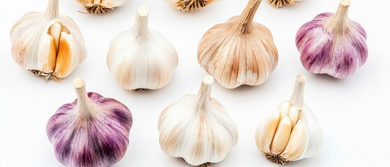 Overhead View of Various Garlic Bulbs on White Background