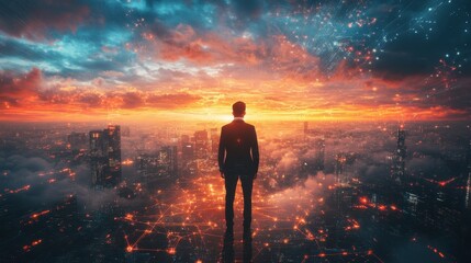 Fototapeta premium Man standing on rooftop overlooking urban cityscape at sunset with skyscrapers in background