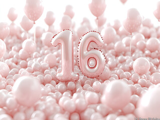 Sweet Sixteen Balloon Dreams: A whimsical celebration of turning sixteen, with shiny pink balloons forming a number 16, floating amidst a sea of smaller pink balloons. perfect for invitations, cards.