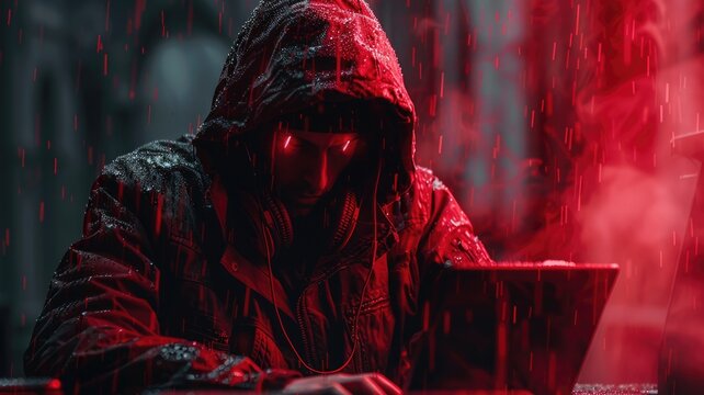 Picture of human commit crime in digital system to destroy and hack computer protection user in colorful light of cyberspace style theme. Coding for dangerous hacking technology from criminal. AIG53.