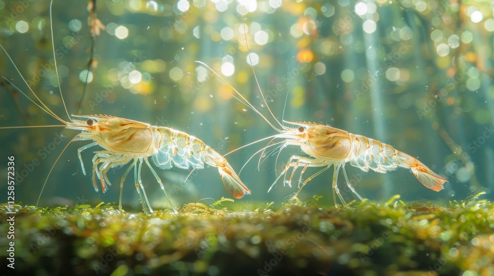 Poster Two shrimp move gracefully across a green, moss covered surface beneath the water, with light filtering down from above and creating an enchanting atmosphere.