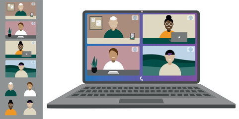 Video call conference working from home Colleagues of different nationalities and ages talk to each other on the laptop screen Isolated illustration on white background in flat style trendy colors