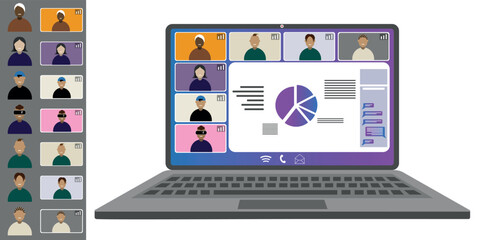 Video call conference working from home Colleagues of different nationalities and ages talk to each other on the laptop screen Isolated illustration on white background in flat style trendy colors