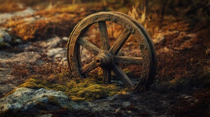 An old wooden wheel lies abandoned in a serene natural environment, showcasing the beauty of decay and the passage of time in nature.