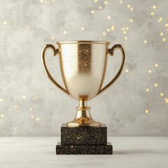 Golden trophy on black pedestal with sparkling background