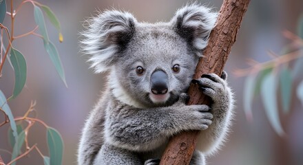 Obraz premium Cute Koala Bear Climbing Tree in Australia Wildlife Portrait