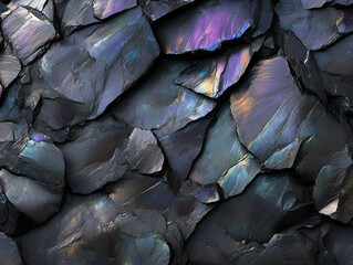 Shimmering Obsidian Texture: A close-up macro shot of obsidian, the volcanic glass, with captivating iridescence and intricate, broken surfaces.