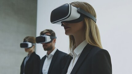 Business professionals using virtual reality headsets. They appear focused and engaged in an immersive digital experience, showcasing modern innovation.