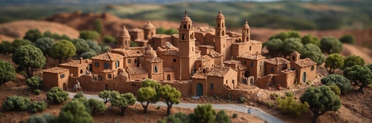 Fototapeta premium Ancient village with brown brick buildings under golden sunlight