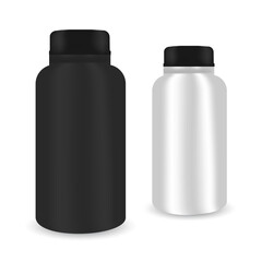 Plastic pill bottles, Black and white 3d Vector illustration, Mockup Template of medicine package for pills, capsule, Sports and health life supplements.