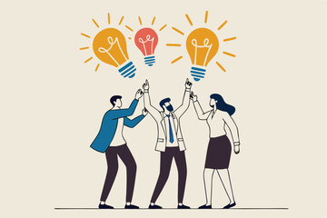 Sharing business ideas, collaboration meeting, sharing knowledge, teamwork or people thinking the same idea concept, smart thinking businessmen people office workers team up share lightbulb lamp idea.