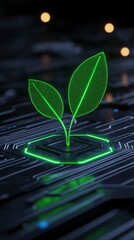 Digital green leaves emerging from a circuit board symbolizing growth and sustainability.