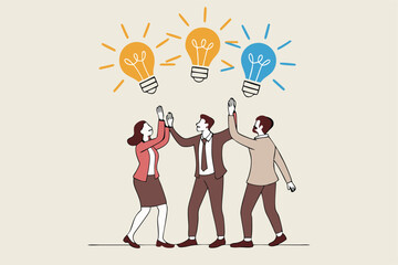 Sharing business ideas, collaboration meeting, sharing knowledge, teamwork or people thinking the same idea concept, smart thinking businessmen people office workers team up share lightbulb lamp idea.