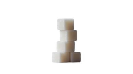 Five sugar cubes stacked on transparent background