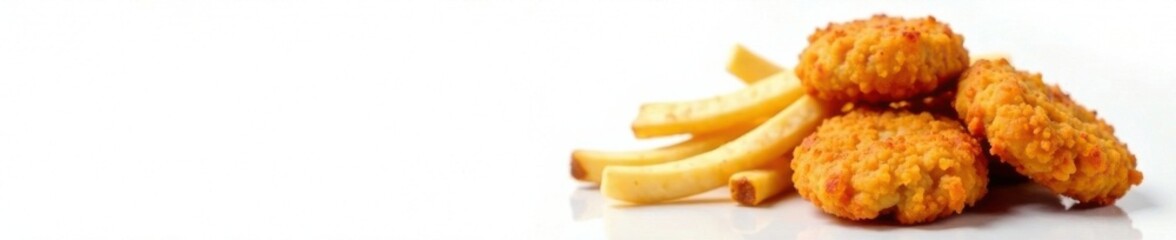White background with chicken nuggets and fries, restaurant, eat, white background