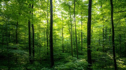 Fototapeta premium Lush Green Forest Sunlight Dappled Through Trees