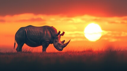 Fototapeta premium Majestic Rhino at Sunset in African Savanna