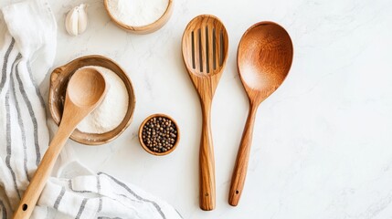 Wooden spoons arranged on a marble surface in a clean organized kitchen setting with minimal decor