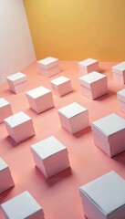 White cube boxes scattered over a plain colored floor with random shifts, minimalist interior design, abstract art decor,