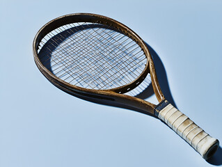 Vintage Tennis Racket: A well-worn wooden tennis racket, showing signs of age and use, lies on a light blue background. The strings are slightly damaged, hinting at past games and worn glory.