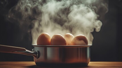 Boiling eggs in a saucepan on a kitchen table with steam rising from the pot