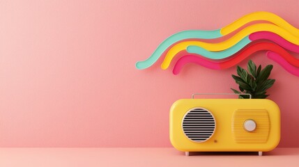 Women's Day  inspiration voice style. Colorful retro radio with vibrant decor and a plant against a pink background.