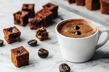 Coffee Break Bliss: Indulge in a moment of pure bliss with a steaming cup of coffee, accompanied by decadent chocolate brownies and roasted coffee beans. The image evokes feelings of warmth, comfort.