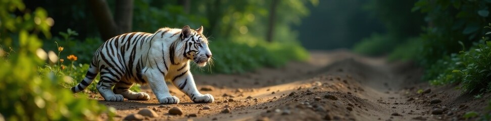 Fototapeta premium White tiger crouched low to ground with front paws extended , nature, animal