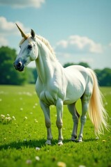 Obraz premium White unicorn mare with soft flowing mane and tail in a lush green meadow, serene, landscape, nature