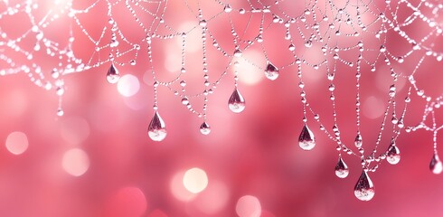 Dewdrops on Spiderweb Nature Pink Background Macro Shot
